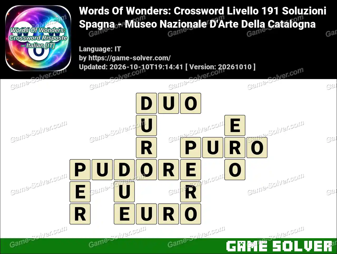 Words Of Wonders: Crossword Livello 191 Soluzioni – Spagna – Museo Nazionale D’Arte Della Catalogna